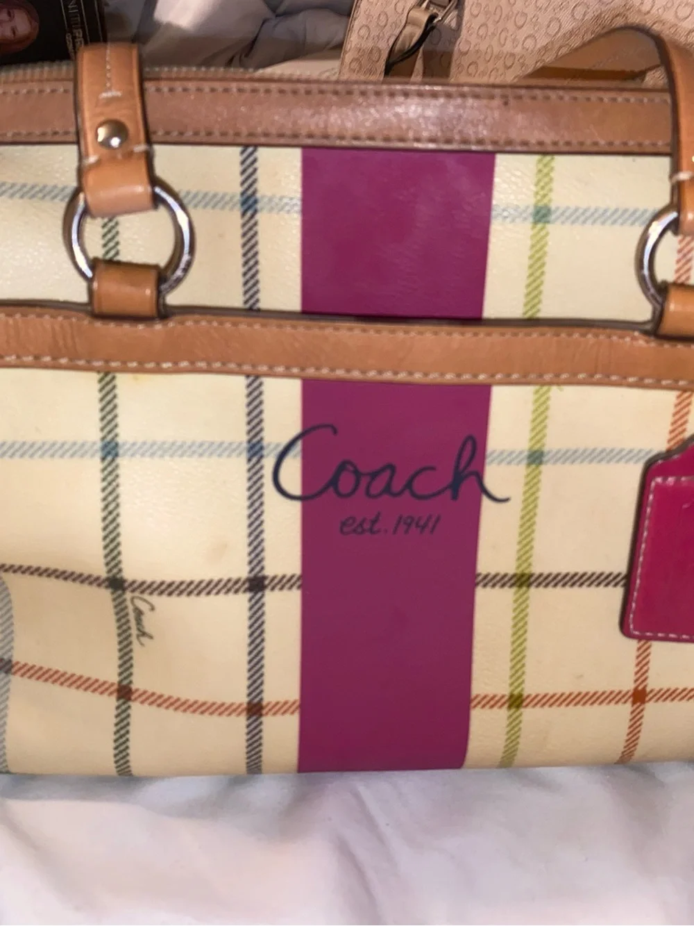 Coach Cream Plaid Tote with Pink Center Stripe and Tan Trim